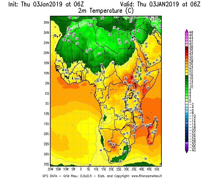 Mappa di analisi GFS - Temperatura a 2 metri dal suolo [°C] in Africa
							del 03/01/2019 06 <!--googleoff: index-->UTC<!--googleon: index-->