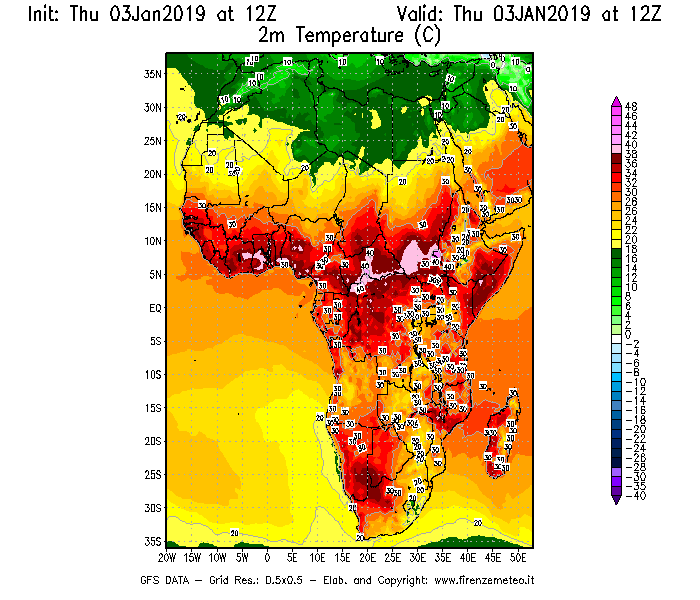 Mappa di analisi GFS - Temperatura a 2 metri dal suolo [°C] in Africa
							del 03/01/2019 12 <!--googleoff: index-->UTC<!--googleon: index-->