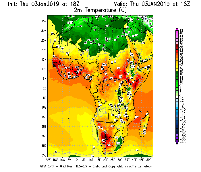 Mappa di analisi GFS - Temperatura a 2 metri dal suolo [°C] in Africa
							del 03/01/2019 18 <!--googleoff: index-->UTC<!--googleon: index-->