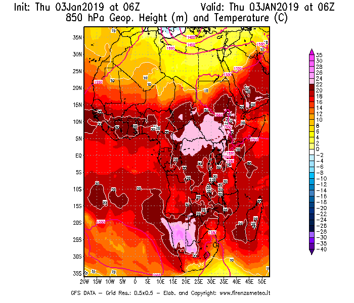 Mappa di analisi GFS - Geopotenziale [m] e Temperatura [°C] a 850 hPa in Africa
							del 03/01/2019 06 <!--googleoff: index-->UTC<!--googleon: index-->