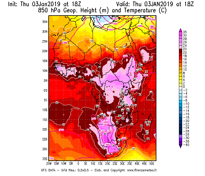 Mappa di analisi GFS - Geopotenziale [m] e Temperatura [°C] a 850 hPa in Africa
							del 03/01/2019 18 <!--googleoff: index-->UTC<!--googleon: index-->