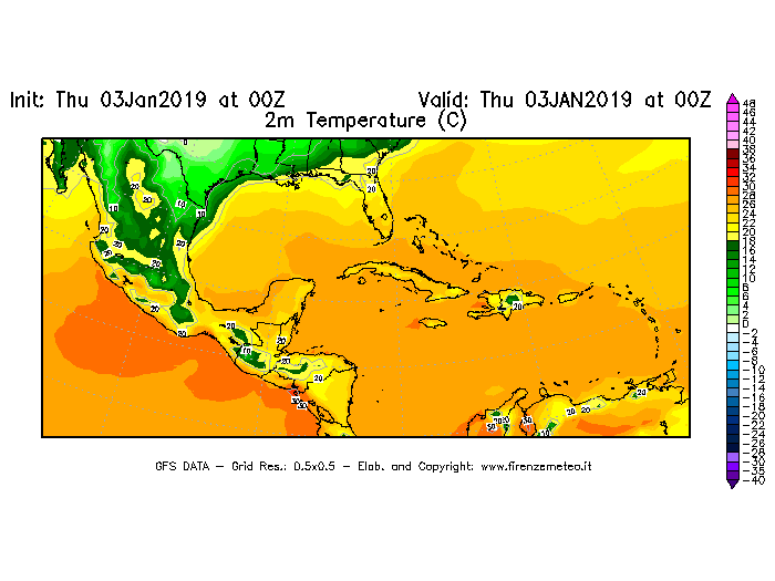 Mappa di analisi GFS - Temperatura a 2 metri dal suolo [°C] in Centro-America
							del 03/01/2019 00 <!--googleoff: index-->UTC<!--googleon: index-->