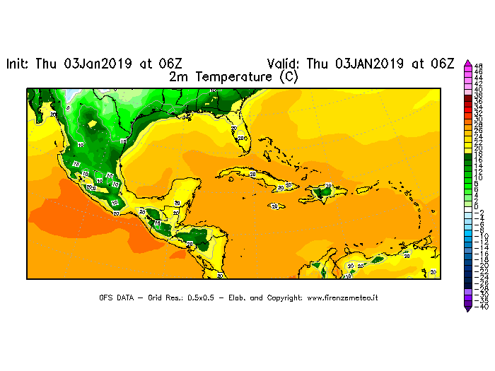 Mappa di analisi GFS - Temperatura a 2 metri dal suolo [°C] in Centro-America
							del 03/01/2019 06 <!--googleoff: index-->UTC<!--googleon: index-->