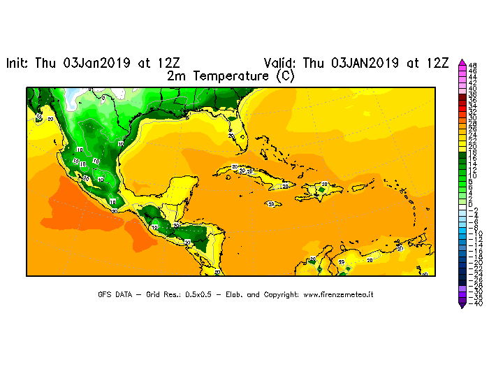 Mappa di analisi GFS - Temperatura a 2 metri dal suolo [°C] in Centro-America
							del 03/01/2019 12 <!--googleoff: index-->UTC<!--googleon: index-->