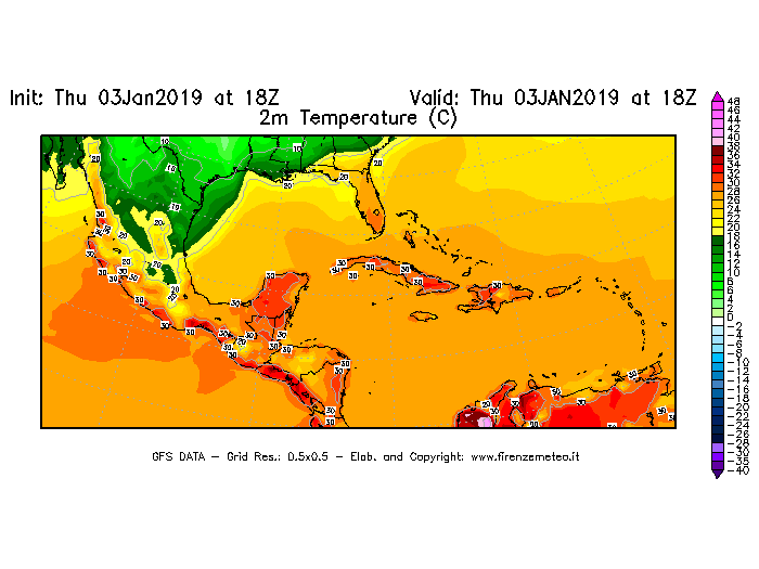 Mappa di analisi GFS - Temperatura a 2 metri dal suolo [°C] in Centro-America
							del 03/01/2019 18 <!--googleoff: index-->UTC<!--googleon: index-->