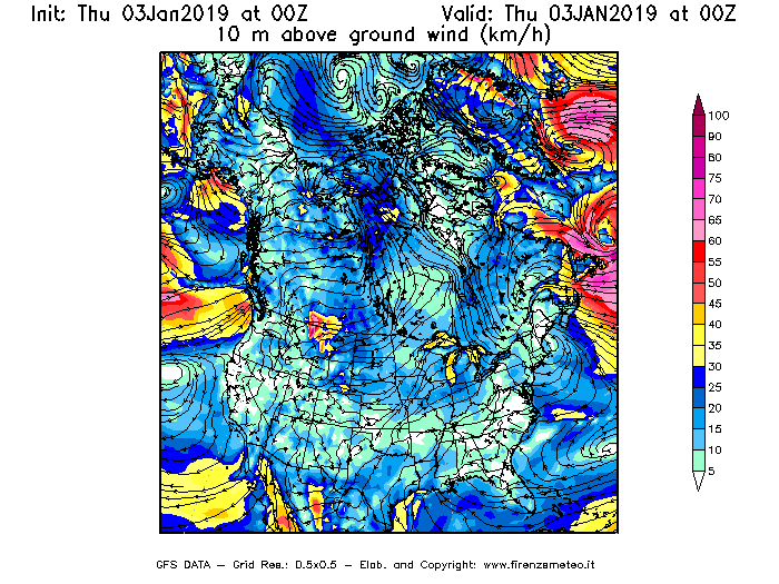 Mappa di analisi GFS - Velocità del vento a 10 metri dal suolo [km/h] in Nord-America
							del 03/01/2019 00 <!--googleoff: index-->UTC<!--googleon: index-->