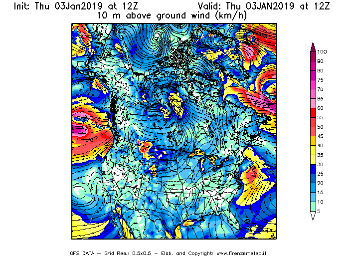 Mappa di analisi GFS - Velocità del vento a 10 metri dal suolo [km/h] in Nord-America
							del 03/01/2019 12 <!--googleoff: index-->UTC<!--googleon: index-->