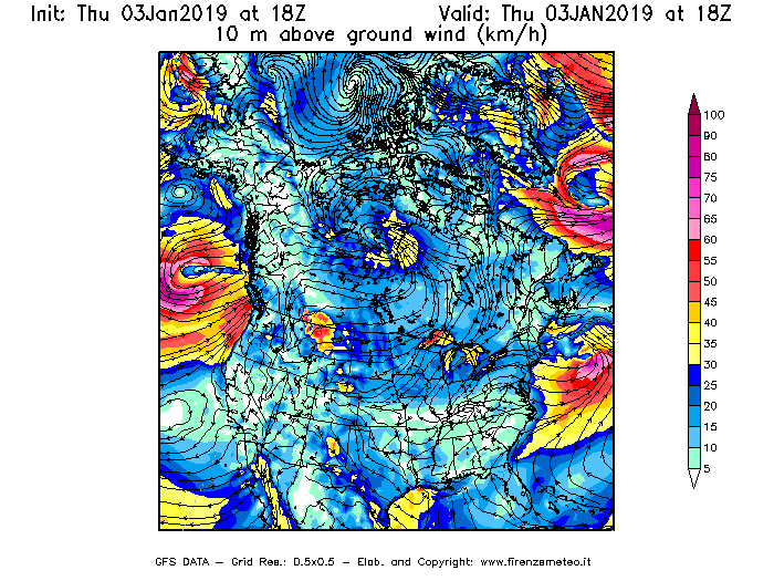 Mappa di analisi GFS - Velocità del vento a 10 metri dal suolo [km/h] in Nord-America
							del 03/01/2019 18 <!--googleoff: index-->UTC<!--googleon: index-->
