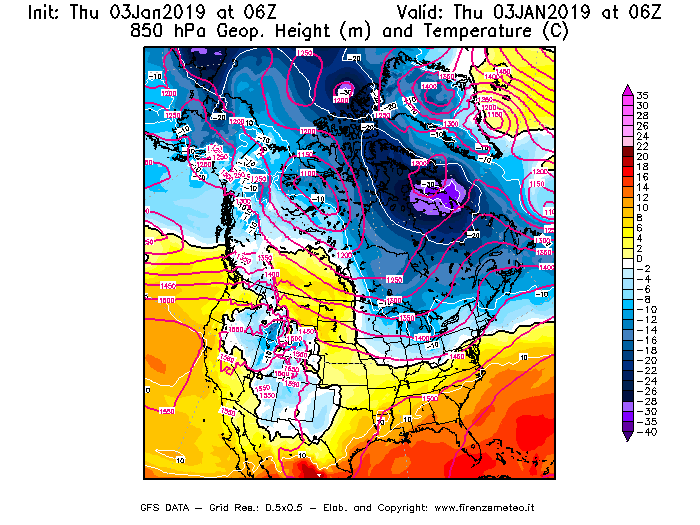 Mappa di analisi GFS - Geopotenziale [m] e Temperatura [°C] a 850 hPa in Nord-America
							del 03/01/2019 06 <!--googleoff: index-->UTC<!--googleon: index-->