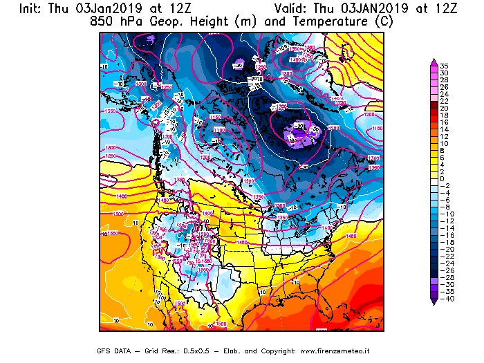 Mappa di analisi GFS - Geopotenziale [m] e Temperatura [°C] a 850 hPa in Nord-America
							del 03/01/2019 12 <!--googleoff: index-->UTC<!--googleon: index-->