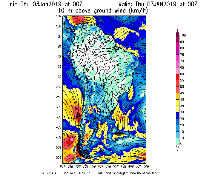 Mappa di analisi GFS - Velocità del vento a 10 metri dal suolo [km/h] in Sud-America
							del 03/01/2019 00 <!--googleoff: index-->UTC<!--googleon: index-->