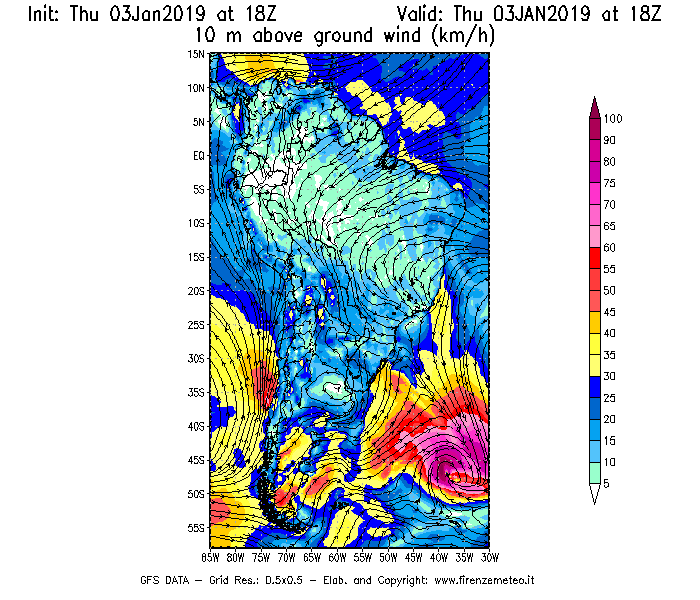 Mappa di analisi GFS - Velocità del vento a 10 metri dal suolo [km/h] in Sud-America
							del 03/01/2019 18 <!--googleoff: index-->UTC<!--googleon: index-->