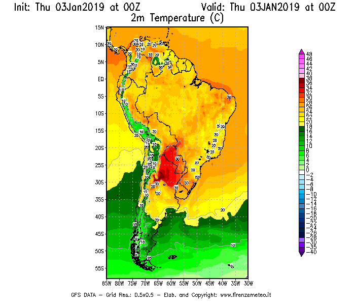 Mappa di analisi GFS - Temperatura a 2 metri dal suolo [°C] in Sud-America
							del 03/01/2019 00 <!--googleoff: index-->UTC<!--googleon: index-->