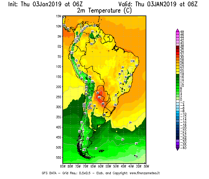 Mappa di analisi GFS - Temperatura a 2 metri dal suolo [°C] in Sud-America
							del 03/01/2019 06 <!--googleoff: index-->UTC<!--googleon: index-->