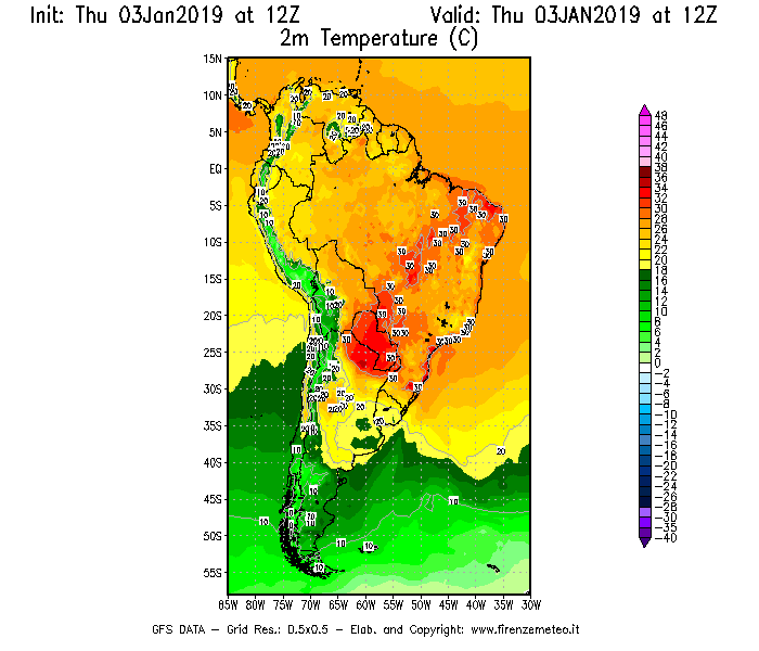 Mappa di analisi GFS - Temperatura a 2 metri dal suolo [°C] in Sud-America
							del 03/01/2019 12 <!--googleoff: index-->UTC<!--googleon: index-->
