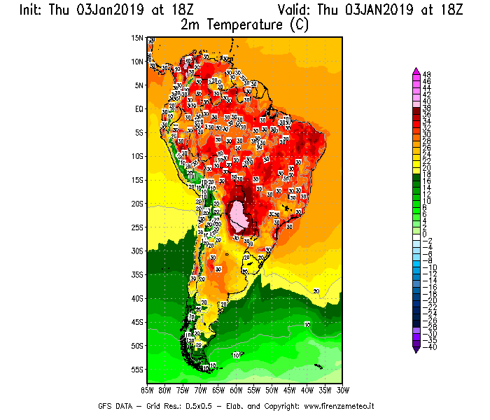 Mappa di analisi GFS - Temperatura a 2 metri dal suolo [°C] in Sud-America
							del 03/01/2019 18 <!--googleoff: index-->UTC<!--googleon: index-->