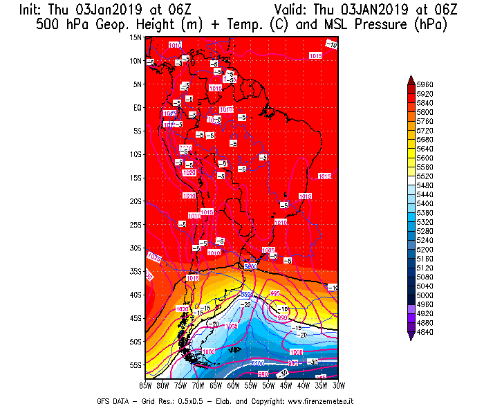 Mappa di analisi GFS - Geopotenziale [m] + Temp. [°C] a 500 hPa + Press. a livello del mare [hPa] in Sud-America
							del 03/01/2019 06 <!--googleoff: index-->UTC<!--googleon: index-->