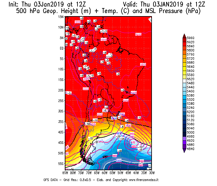 Mappa di analisi GFS - Geopotenziale [m] + Temp. [°C] a 500 hPa + Press. a livello del mare [hPa] in Sud-America
							del 03/01/2019 12 <!--googleoff: index-->UTC<!--googleon: index-->