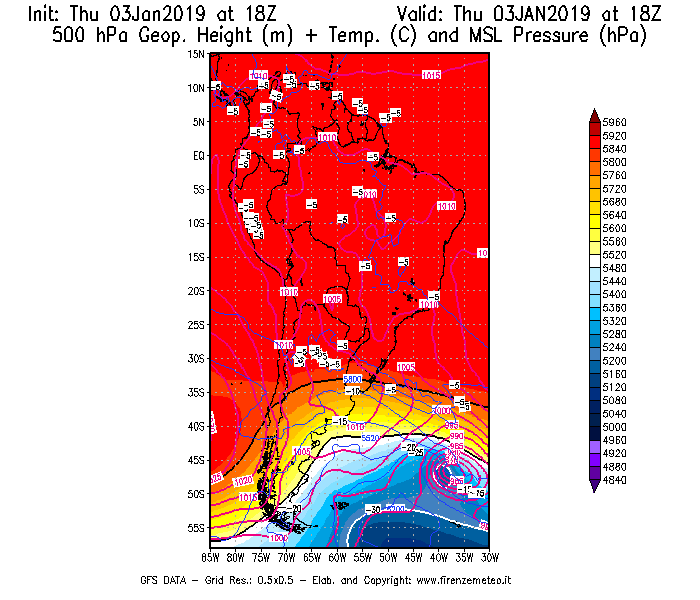 Mappa di analisi GFS - Geopotenziale [m] + Temp. [°C] a 500 hPa + Press. a livello del mare [hPa] in Sud-America
							del 03/01/2019 18 <!--googleoff: index-->UTC<!--googleon: index-->