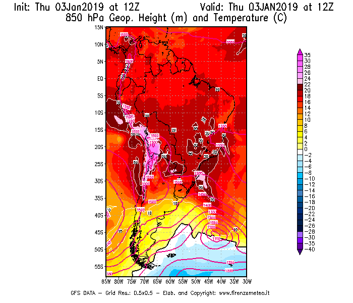 Mappa di analisi GFS - Geopotenziale [m] e Temperatura [°C] a 850 hPa in Sud-America
							del 03/01/2019 12 <!--googleoff: index-->UTC<!--googleon: index-->