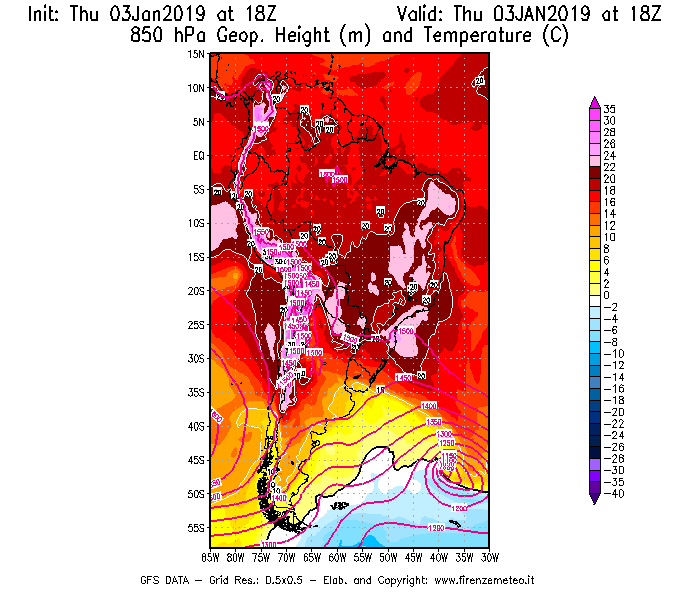 Mappa di analisi GFS - Geopotenziale [m] e Temperatura [°C] a 850 hPa in Sud-America
							del 03/01/2019 18 <!--googleoff: index-->UTC<!--googleon: index-->