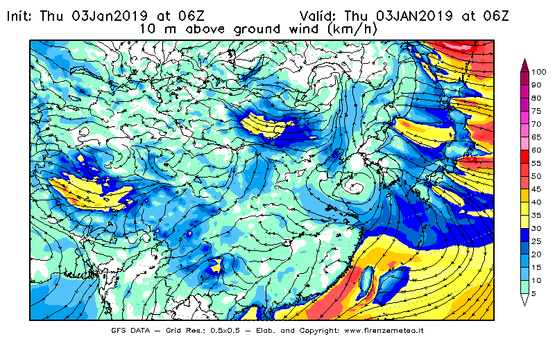Mappa di analisi GFS - Velocità del vento a 10 metri dal suolo [km/h] in Asia Orientale
							del 03/01/2019 06 <!--googleoff: index-->UTC<!--googleon: index-->