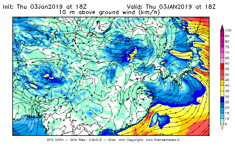 Mappa di analisi GFS - Velocità del vento a 10 metri dal suolo [km/h] in Asia Orientale
							del 03/01/2019 18 <!--googleoff: index-->UTC<!--googleon: index-->