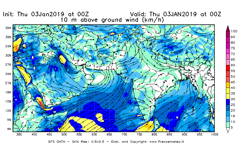 Mappa di analisi GFS - Velocità del vento a 10 metri dal suolo [km/h] in Asia Sud-Occidentale
							del 03/01/2019 00 <!--googleoff: index-->UTC<!--googleon: index-->