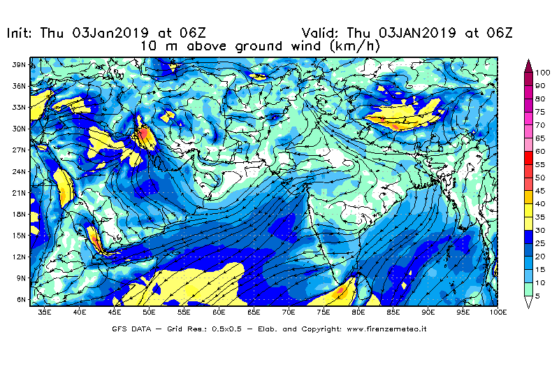 Mappa di analisi GFS - Velocità del vento a 10 metri dal suolo [km/h] in Asia Sud-Occidentale
							del 03/01/2019 06 <!--googleoff: index-->UTC<!--googleon: index-->
