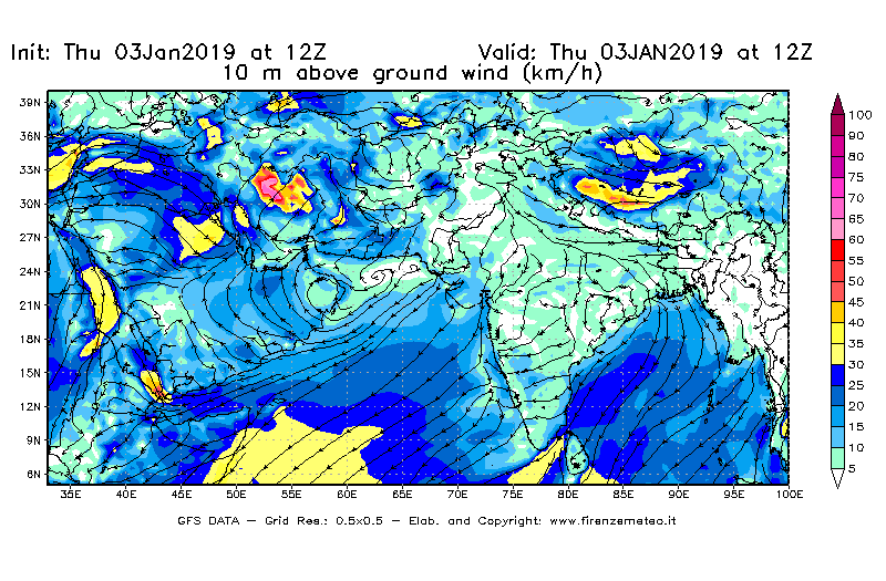 Mappa di analisi GFS - Velocità del vento a 10 metri dal suolo [km/h] in Asia Sud-Occidentale
							del 03/01/2019 12 <!--googleoff: index-->UTC<!--googleon: index-->
