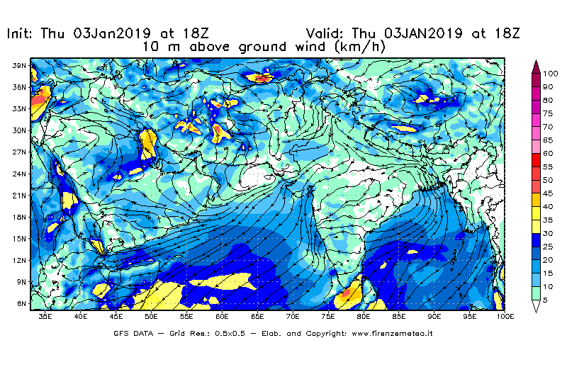 Mappa di analisi GFS - Velocità del vento a 10 metri dal suolo [km/h] in Asia Sud-Occidentale
							del 03/01/2019 18 <!--googleoff: index-->UTC<!--googleon: index-->