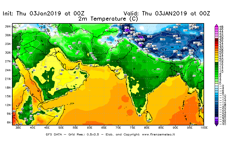 Mappa di analisi GFS - Temperatura a 2 metri dal suolo [°C] in Asia Sud-Occidentale
							del 03/01/2019 00 <!--googleoff: index-->UTC<!--googleon: index-->