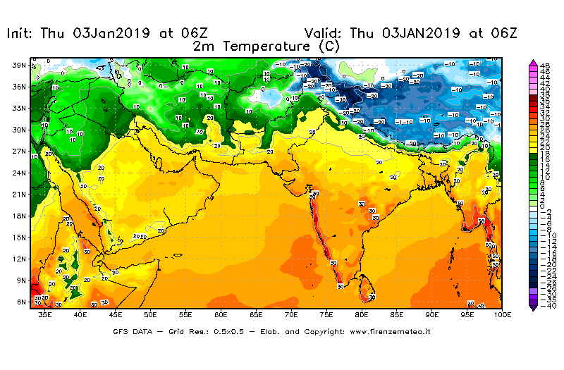 Mappa di analisi GFS - Temperatura a 2 metri dal suolo [°C] in Asia Sud-Occidentale
							del 03/01/2019 06 <!--googleoff: index-->UTC<!--googleon: index-->