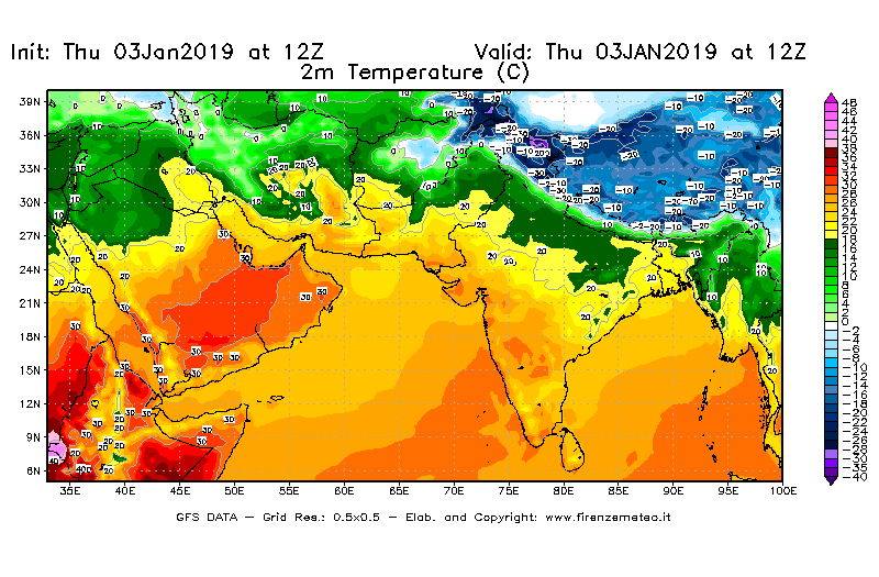Mappa di analisi GFS - Temperatura a 2 metri dal suolo [°C] in Asia Sud-Occidentale
							del 03/01/2019 12 <!--googleoff: index-->UTC<!--googleon: index-->