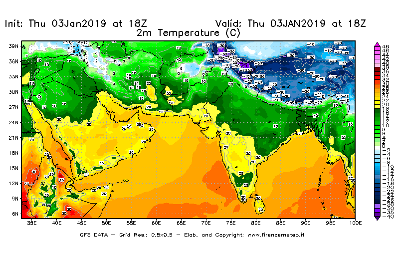Mappa di analisi GFS - Temperatura a 2 metri dal suolo [°C] in Asia Sud-Occidentale
							del 03/01/2019 18 <!--googleoff: index-->UTC<!--googleon: index-->