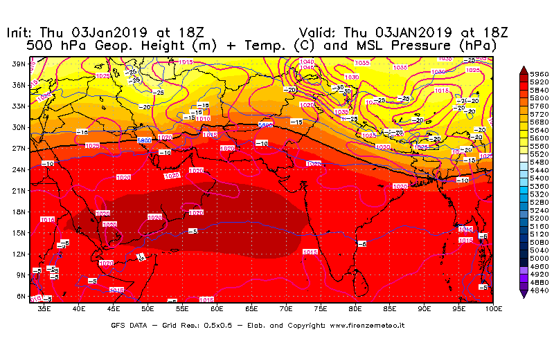 Mappa di analisi GFS - Geopotenziale [m] + Temp. [°C] a 500 hPa + Press. a livello del mare [hPa] in Asia Sud-Occidentale
							del 03/01/2019 18 <!--googleoff: index-->UTC<!--googleon: index-->