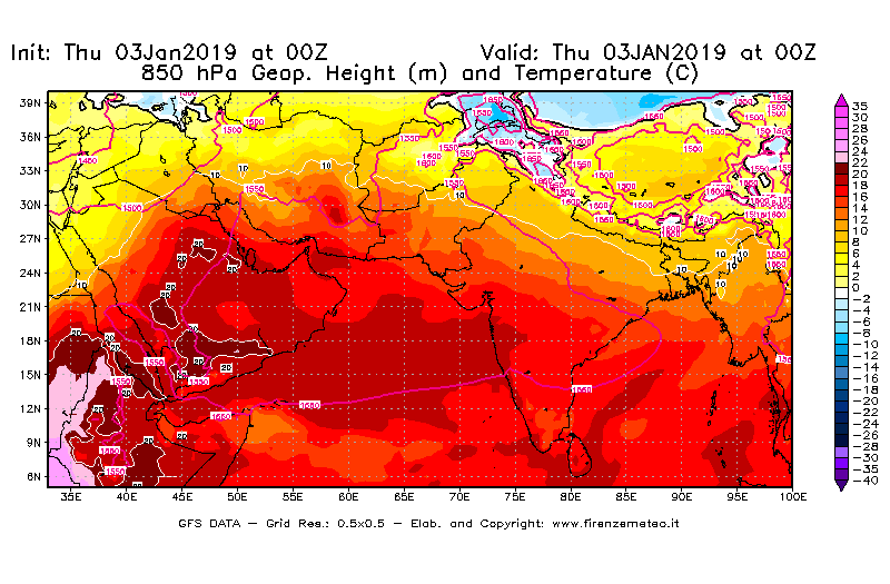Mappa di analisi GFS - Geopotenziale [m] e Temperatura [°C] a 850 hPa in Asia Sud-Occidentale
							del 03/01/2019 00 <!--googleoff: index-->UTC<!--googleon: index-->