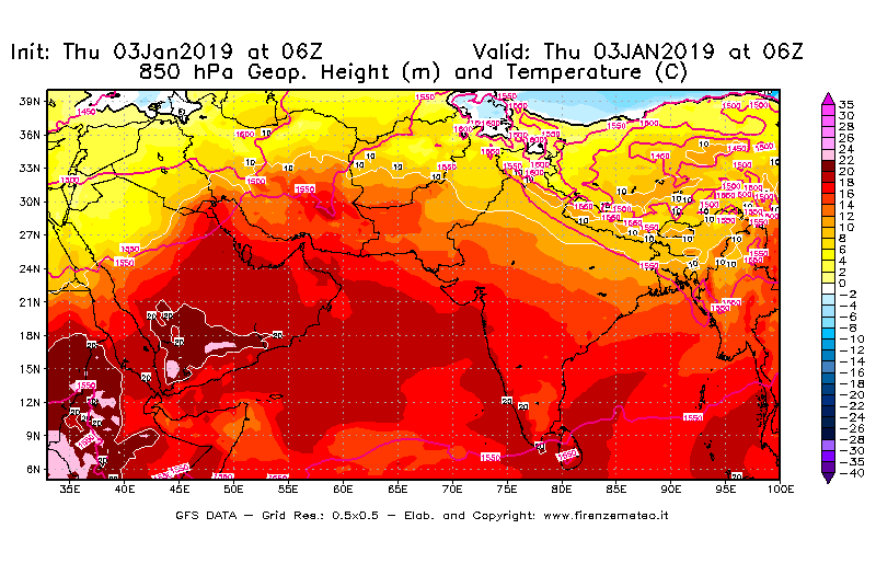 Mappa di analisi GFS - Geopotenziale [m] e Temperatura [°C] a 850 hPa in Asia Sud-Occidentale
							del 03/01/2019 06 <!--googleoff: index-->UTC<!--googleon: index-->
