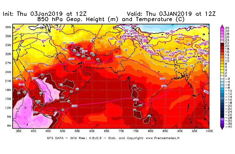Mappa di analisi GFS - Geopotenziale [m] e Temperatura [°C] a 850 hPa in Asia Sud-Occidentale
							del 03/01/2019 12 <!--googleoff: index-->UTC<!--googleon: index-->