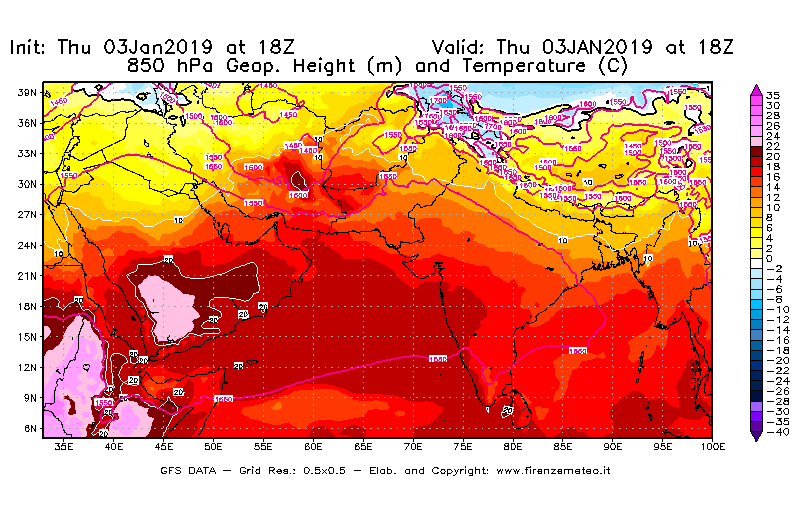 Mappa di analisi GFS - Geopotenziale [m] e Temperatura [°C] a 850 hPa in Asia Sud-Occidentale
							del 03/01/2019 18 <!--googleoff: index-->UTC<!--googleon: index-->