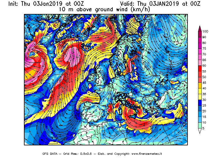 Mappa di analisi GFS - Velocità del vento a 10 metri dal suolo [km/h] in Europa
							del 03/01/2019 00 <!--googleoff: index-->UTC<!--googleon: index-->