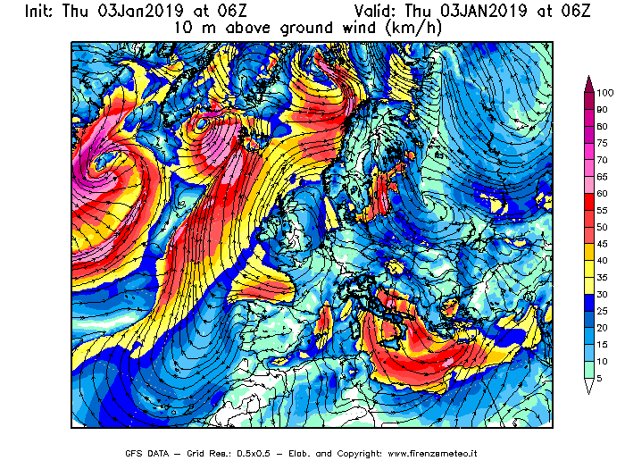 Mappa di analisi GFS - Velocità del vento a 10 metri dal suolo [km/h] in Europa
							del 03/01/2019 06 <!--googleoff: index-->UTC<!--googleon: index-->