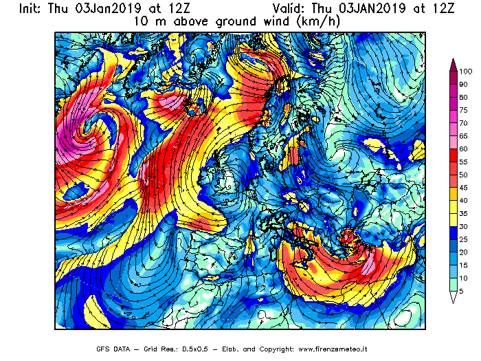 Mappa di analisi GFS - Velocità del vento a 10 metri dal suolo [km/h] in Europa
							del 03/01/2019 12 <!--googleoff: index-->UTC<!--googleon: index-->