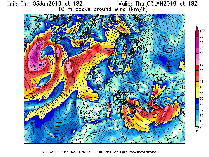 Mappa di analisi GFS - Velocità del vento a 10 metri dal suolo [km/h] in Europa
							del 03/01/2019 18 <!--googleoff: index-->UTC<!--googleon: index-->
