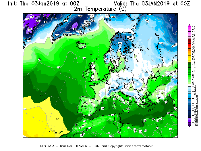 Mappa di analisi GFS - Temperatura a 2 metri dal suolo [°C] in Europa
							del 03/01/2019 00 <!--googleoff: index-->UTC<!--googleon: index-->