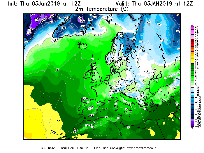 Mappa di analisi GFS - Temperatura a 2 metri dal suolo [°C] in Europa
							del 03/01/2019 12 <!--googleoff: index-->UTC<!--googleon: index-->