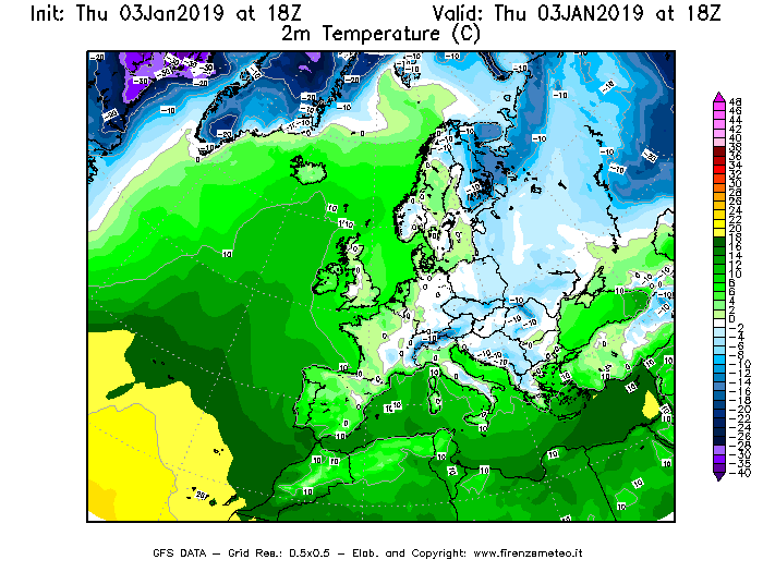Mappa di analisi GFS - Temperatura a 2 metri dal suolo [°C] in Europa
							del 03/01/2019 18 <!--googleoff: index-->UTC<!--googleon: index-->