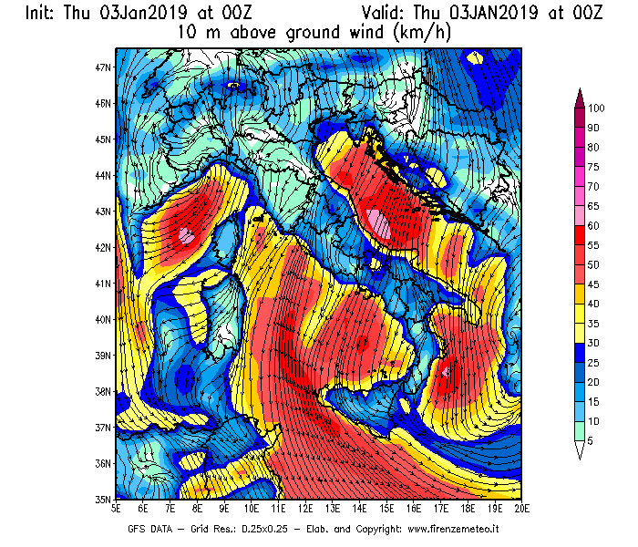 Mappa di analisi GFS - Velocità del vento a 10 metri dal suolo [km/h] in Italia
							del 03/01/2019 00 <!--googleoff: index-->UTC<!--googleon: index-->