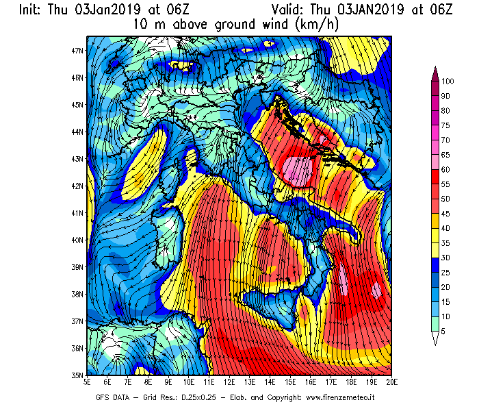 Mappa di analisi GFS - Velocità del vento a 10 metri dal suolo [km/h] in Italia
							del 03/01/2019 06 <!--googleoff: index-->UTC<!--googleon: index-->