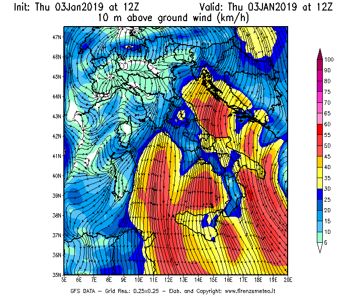 Mappa di analisi GFS - Velocità del vento a 10 metri dal suolo [km/h] in Italia
							del 03/01/2019 12 <!--googleoff: index-->UTC<!--googleon: index-->